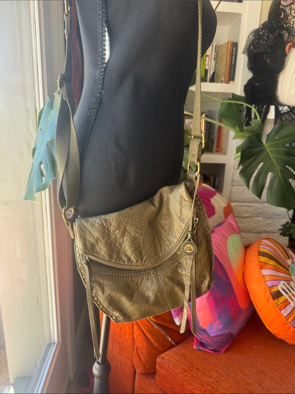 EUC The Sak Olive Green Leather Crossbody Shoulder Bag with studs